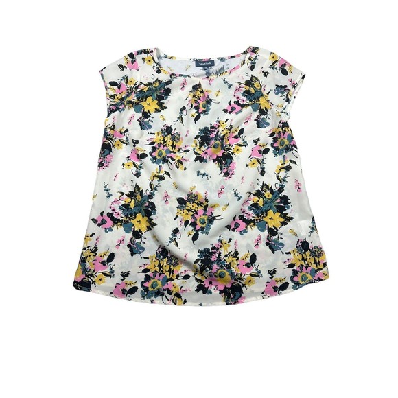 ModCloth Women M Shirt Blouse Top Blue Pink Floral‎ Sheer Short Sleeve - Picture 1 of 6